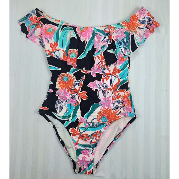 Trina Turk Other - Trina Turk Womens Floral Off The Shoulder Ruffle One Piece Swimsuit Black Size 8